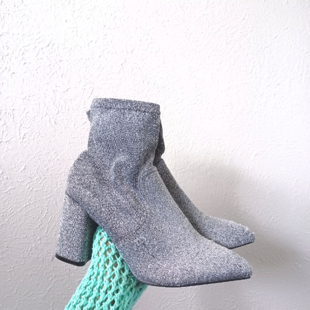 Silver Shimmer Women's Slip On Sock Ankle Block Heel Boots Pointed Toe